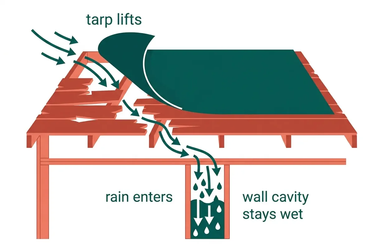 Diagram: a roof tarp lifting in wind, letting rain into a house below