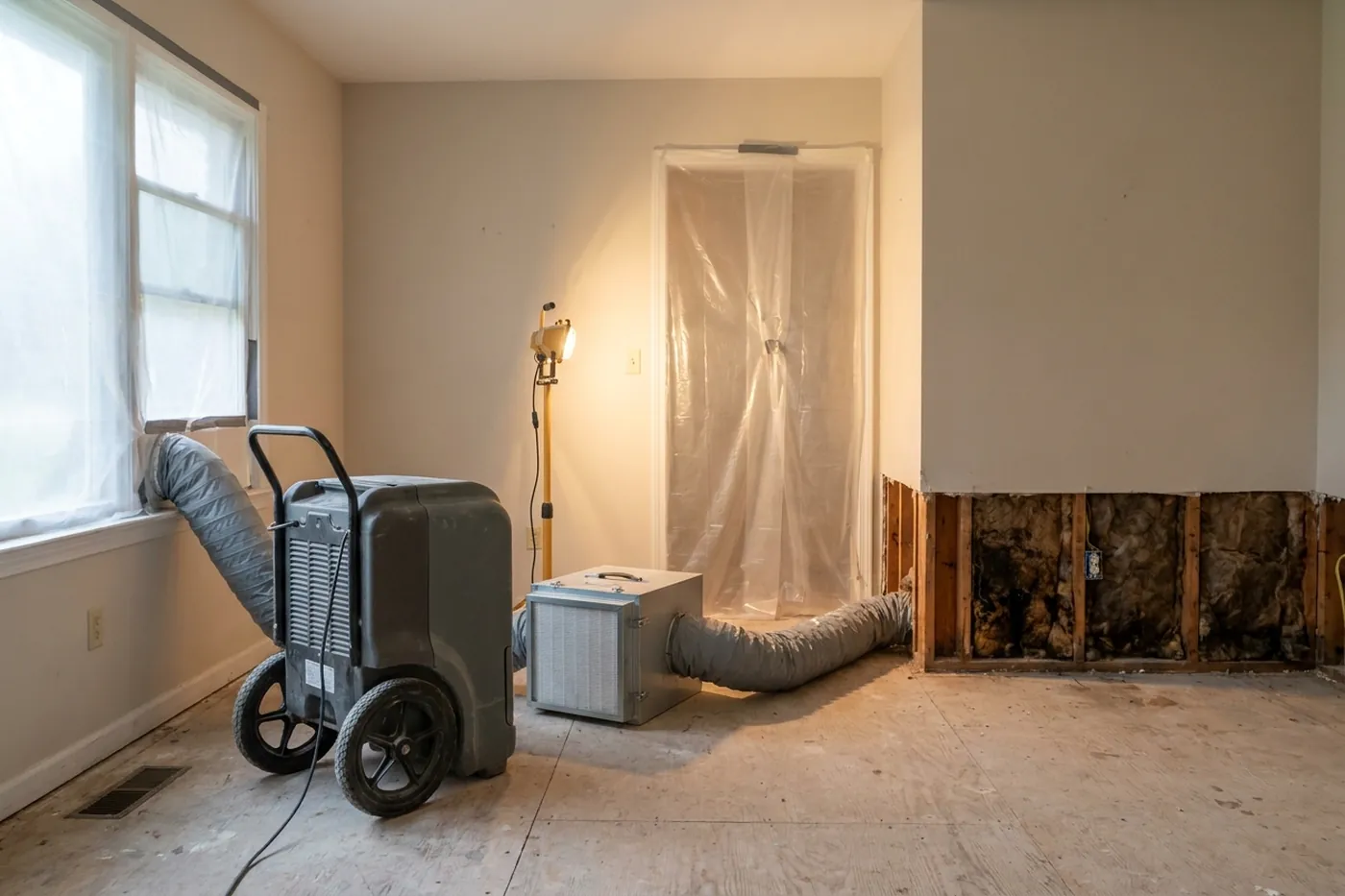 Dehumidifier and air scrubber running in a Lake Charles home during mold remediation