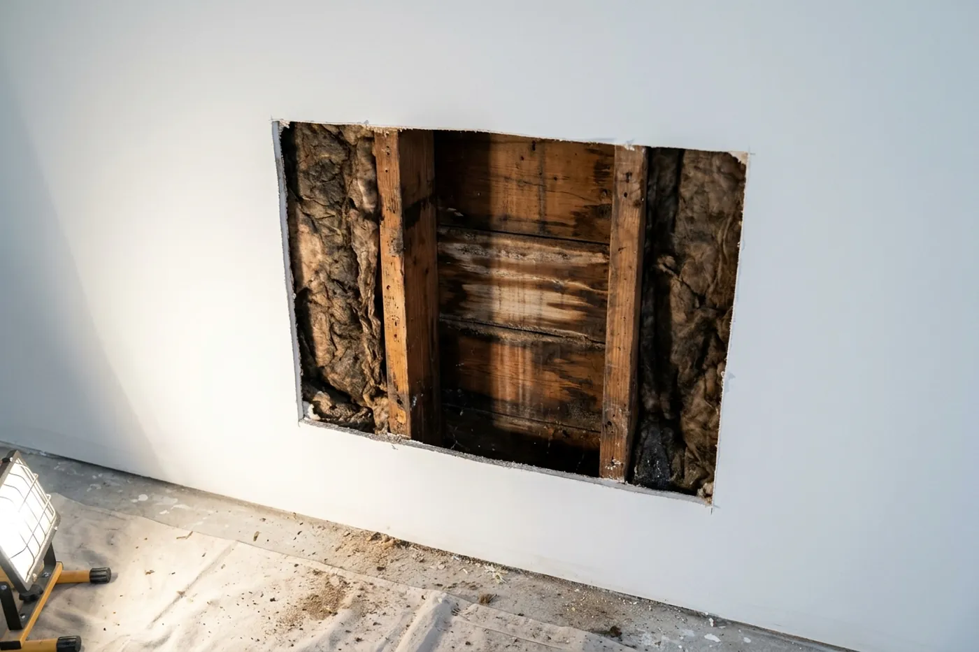 Newer drywall opened up to reveal older water-stained framing behind a previous repair